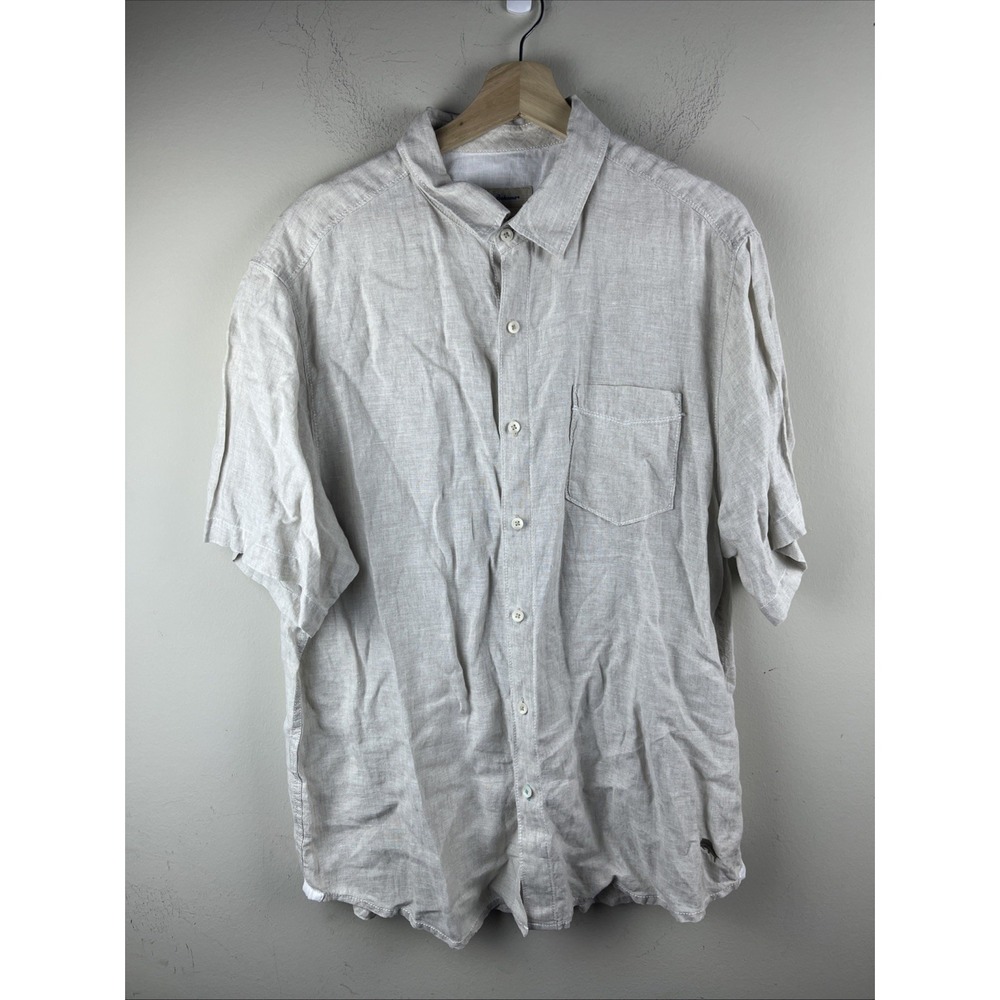 Tommy Bahama Men's Large 100% Linen Relax Fit Tan Beige Short Sleeve Button Up